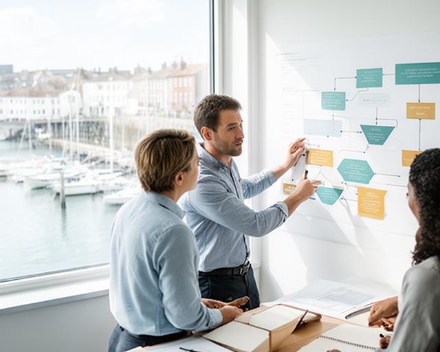 Operations team reviewing a process map beside a bright window overlooking Dover Marina