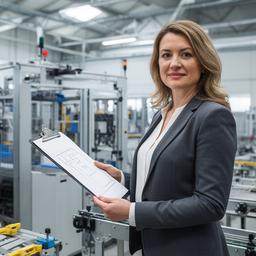 Managing Director reviewing a production floor plan beside manufacturing equipment