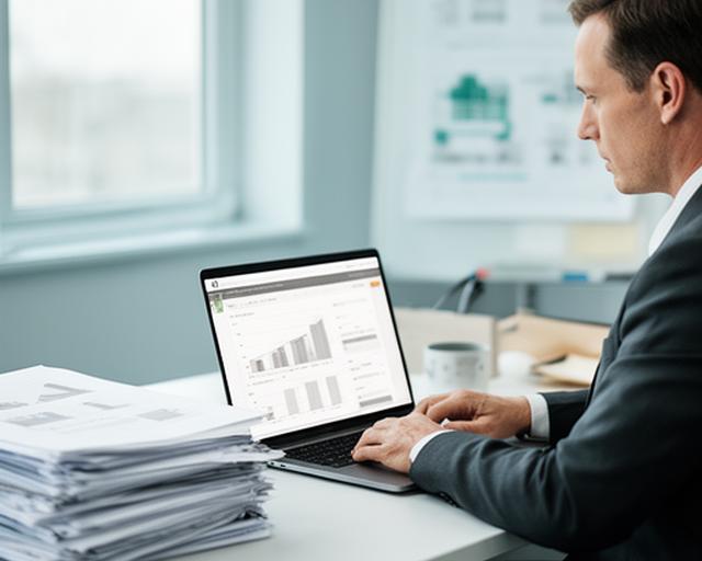 Operations manager reviewing resource data on a laptop beside printed site records