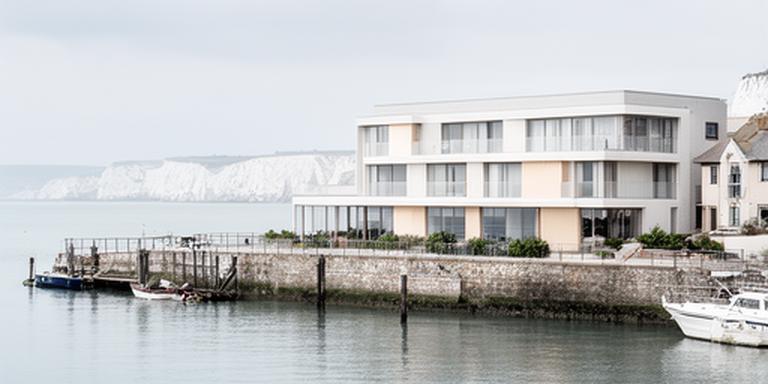 Exterior of a Marina office in Dover with the white cliffs faintly visible beyond the waterfront